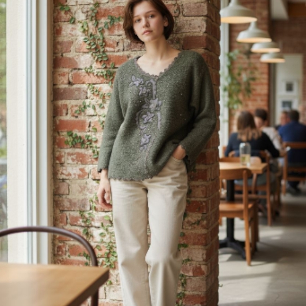 Vintage 80's Bouclé Forest Green V-Neck Sweater With Lots Of Detail.
